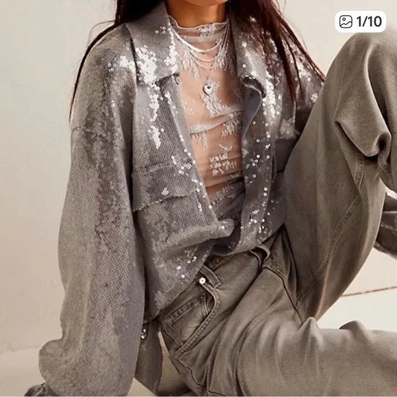 Free People Disco Margarita Sequin
Button Down Top in Silver Large - Picture 1 of 10